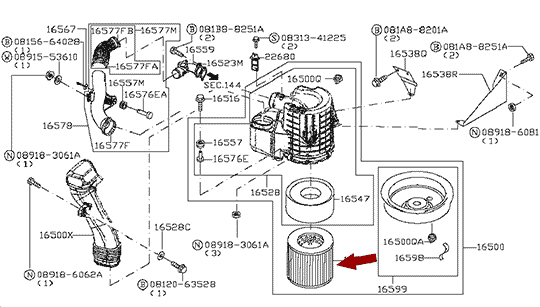 На схеме показан фильтр воздушный Nissan Cabstar (Ниссан Кабстар) F24, аналог Japan, 16546MA70C