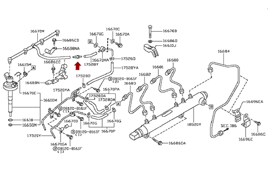 На схеме показано расположение клапана обратки Ниссан Кабстар F24, дв.ZD30DDTI, 16652DB001