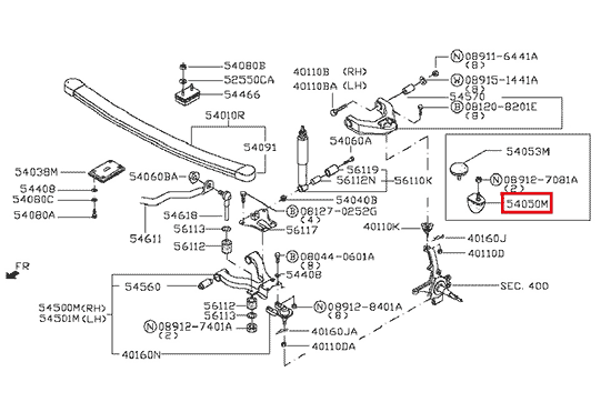 На схеме изображено расположение отбойника передней подвески Nissan Cabstar (Ниссан Кабстар) F24, Febest, 54050MB40A
