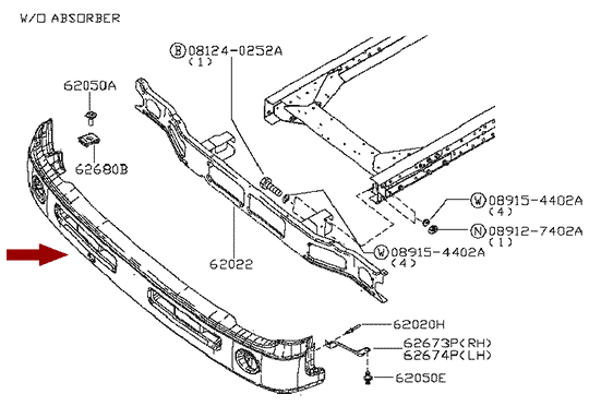 На схеме показан бампер NISSAN CABSTAR (Ниссан Кабстар) F24, 62022MB40A