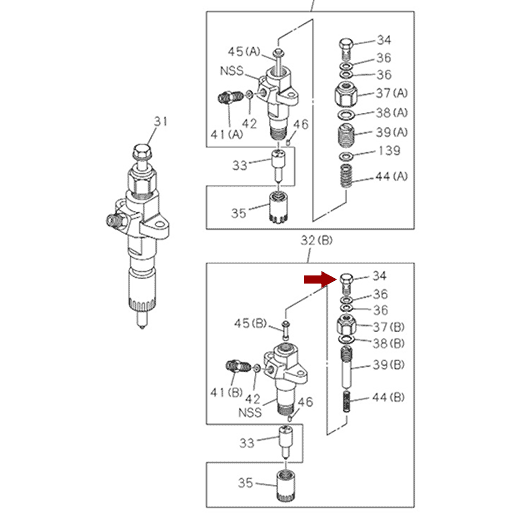 На схеме показан Болт-штуцер топливной форсунки ИСУЗУ NLR85/NMR85, 1096750371/1153390090