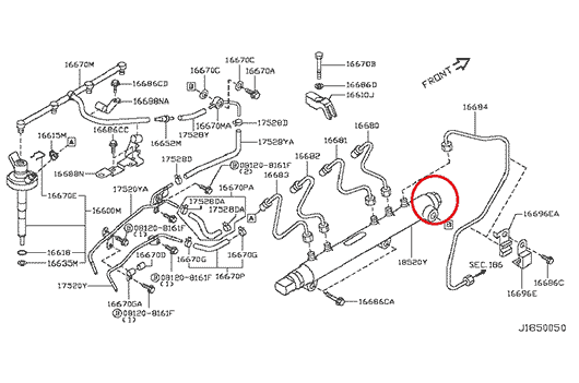 На схеме показан клапан редукционный в топливной рампе Ниссан Кабстар F24 дв. ZD30DDTI, Bosch, 17520MA71A