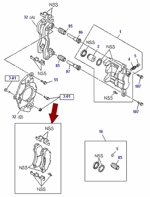 На схеме показаны колодки тормозные передние ISUZU (ИСУЗУ) NLR85, JD, 8980912710/8982169210