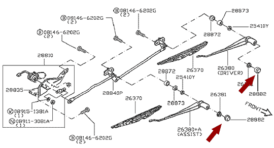 На схеме показана крышка (заглушка) щетки стеклоочистителя Nissan Cabstar F24, оригинал, 28882MB400