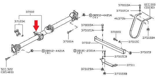 Устройство кардана X Trail T30: подвесной подшипник