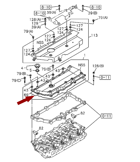 На схеме показана прокладка клапанной крышки ISUZU (ИСУЗУ) NQR75, NPR75, 8973313591, 4HK1-T