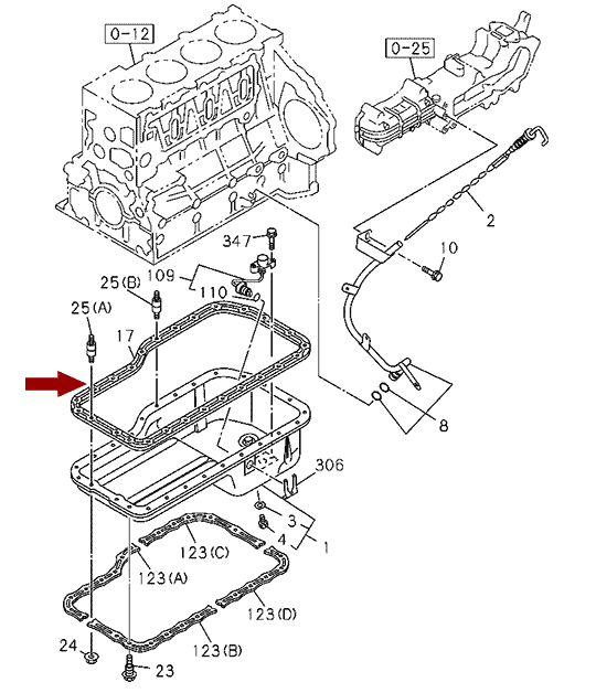 На схеме показана прокладка поддона двигателя (картера) ISUZU NQR75/NQR71/NPR75, 8973643860, 4HK1T / 4HG1T