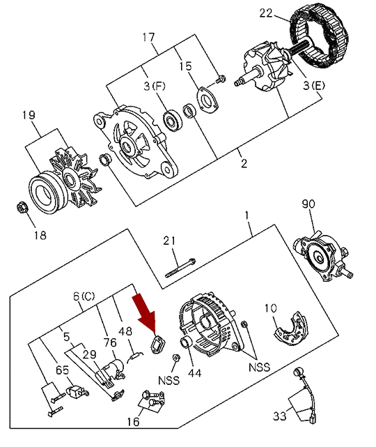 На схеме изображено реле-регулятор напряжения генератора ISUZU (ИСУЗУ) NLR85/NMR85/NPR75, UTM, 8971112670