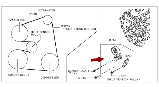 Ролик натяжитель приводного ремня Nissan Cabstar (Ниссан Кабстар) F24, дв. Z30DDTI, 11750MA70B