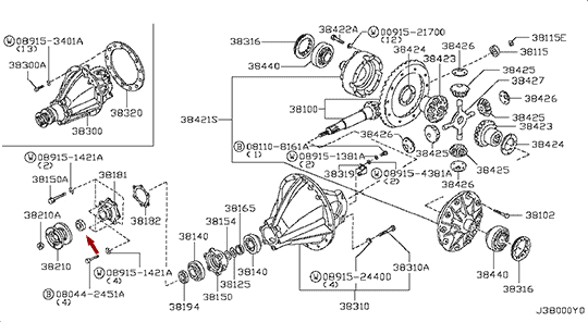 На схеме показано расположение Сальника хвостовика редуктора заднего моста Nissan Cabstar