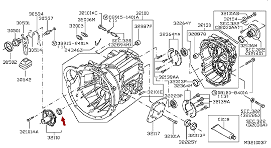 На схеме показано размещение сальника первичного вала КПП Nissan Cabstar