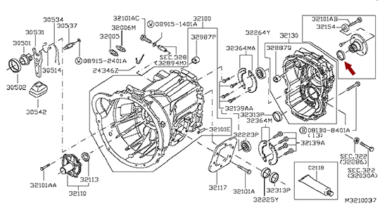 На схеме показано размещение сальника вторичного вала (хвостовика) КПП  Nissan Cabstar