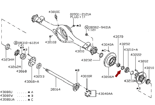 схема размещения сальника задней ступицы на Nissan Cabstar f24, 43252ma50a