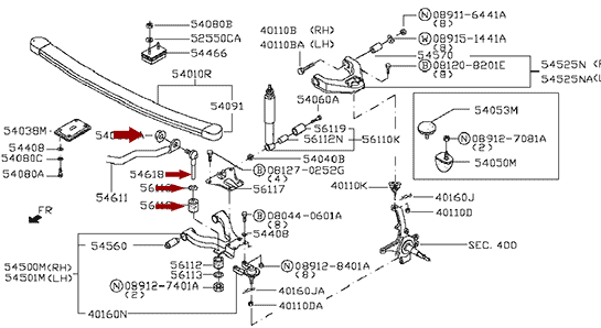 На схеме показаны Стойка стабилизатора Nissan Cabstar (Ниссан Кабстар) F24 - передняя, 555, 54618MB40A